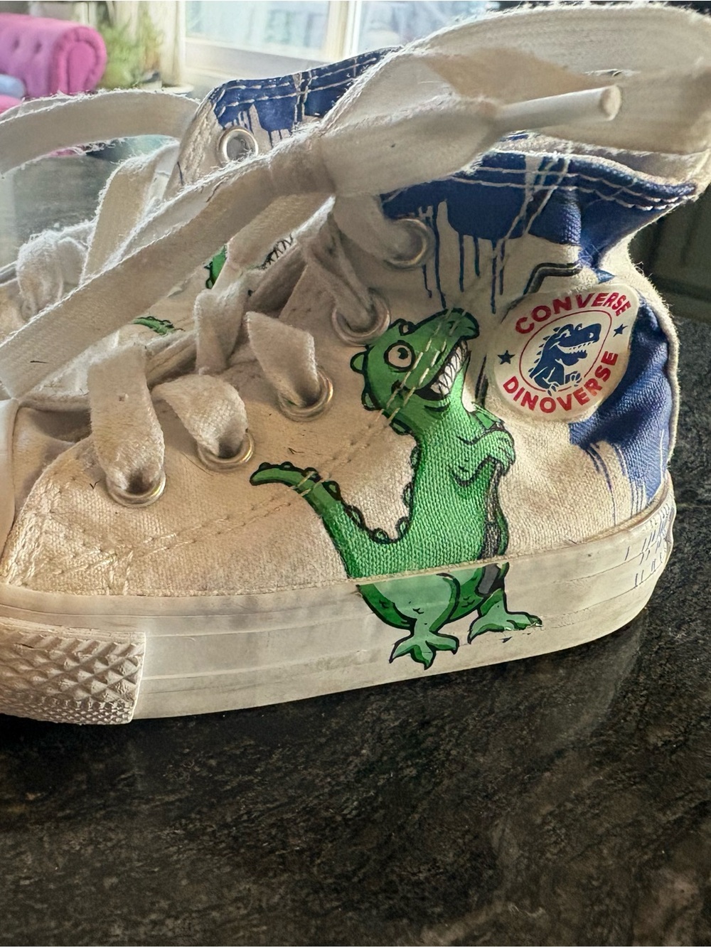 Converse Kids White & Blue High-Top Sneakers with Green Dino Graphic